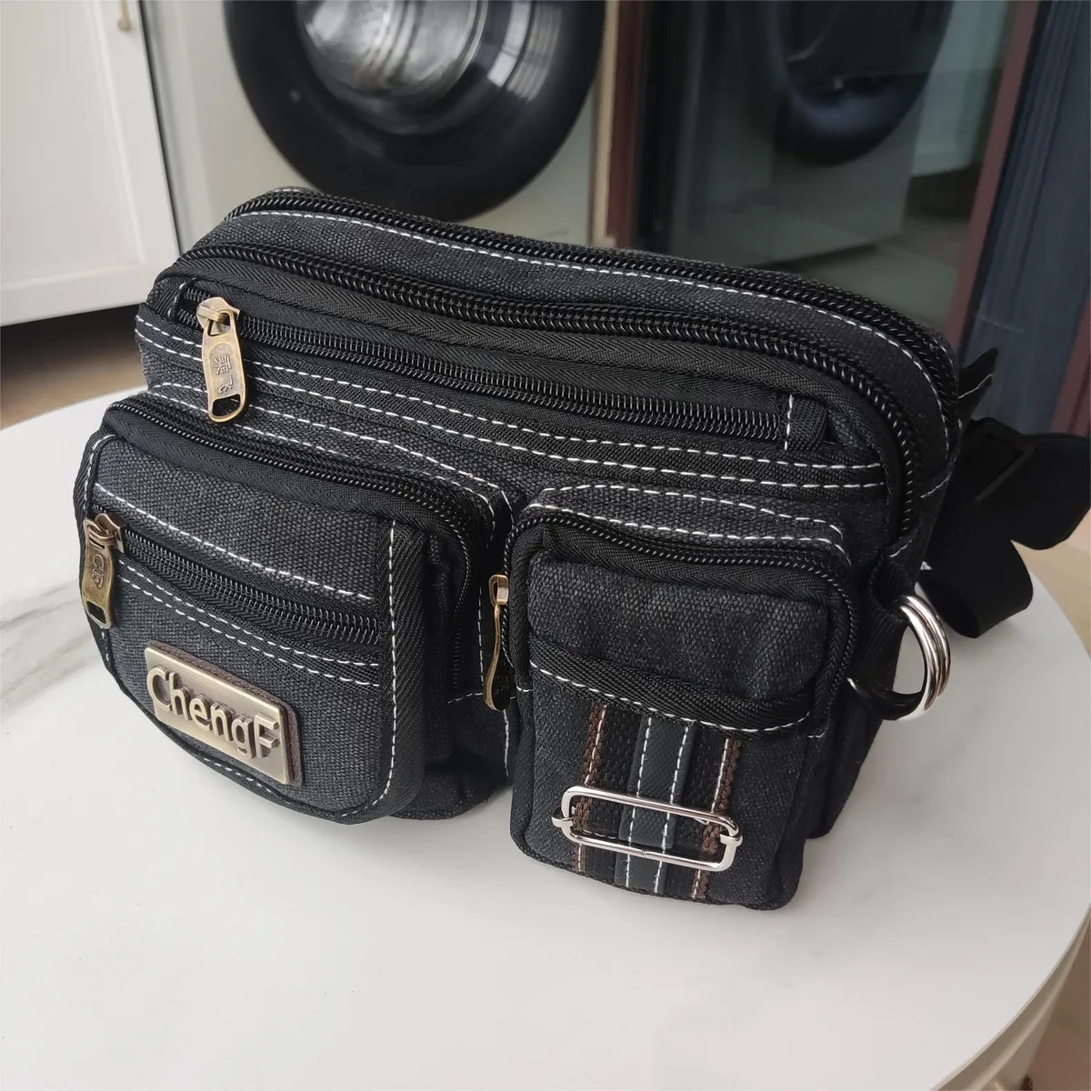 sac de taille multicouche à fermeture éclair à la mode, sac banane de poitrine rétro basique en toile, sac à bandoulière de sport pour hommes, poche pour téléphone de course