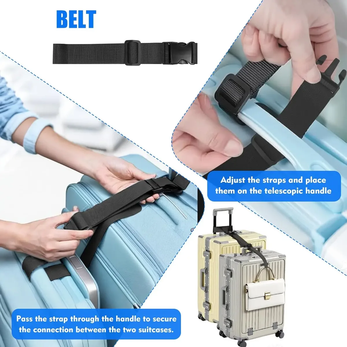 ceinture bagages polyester nylon noire fixation voyage sangles boucles sécurité transport valises sac main plein air