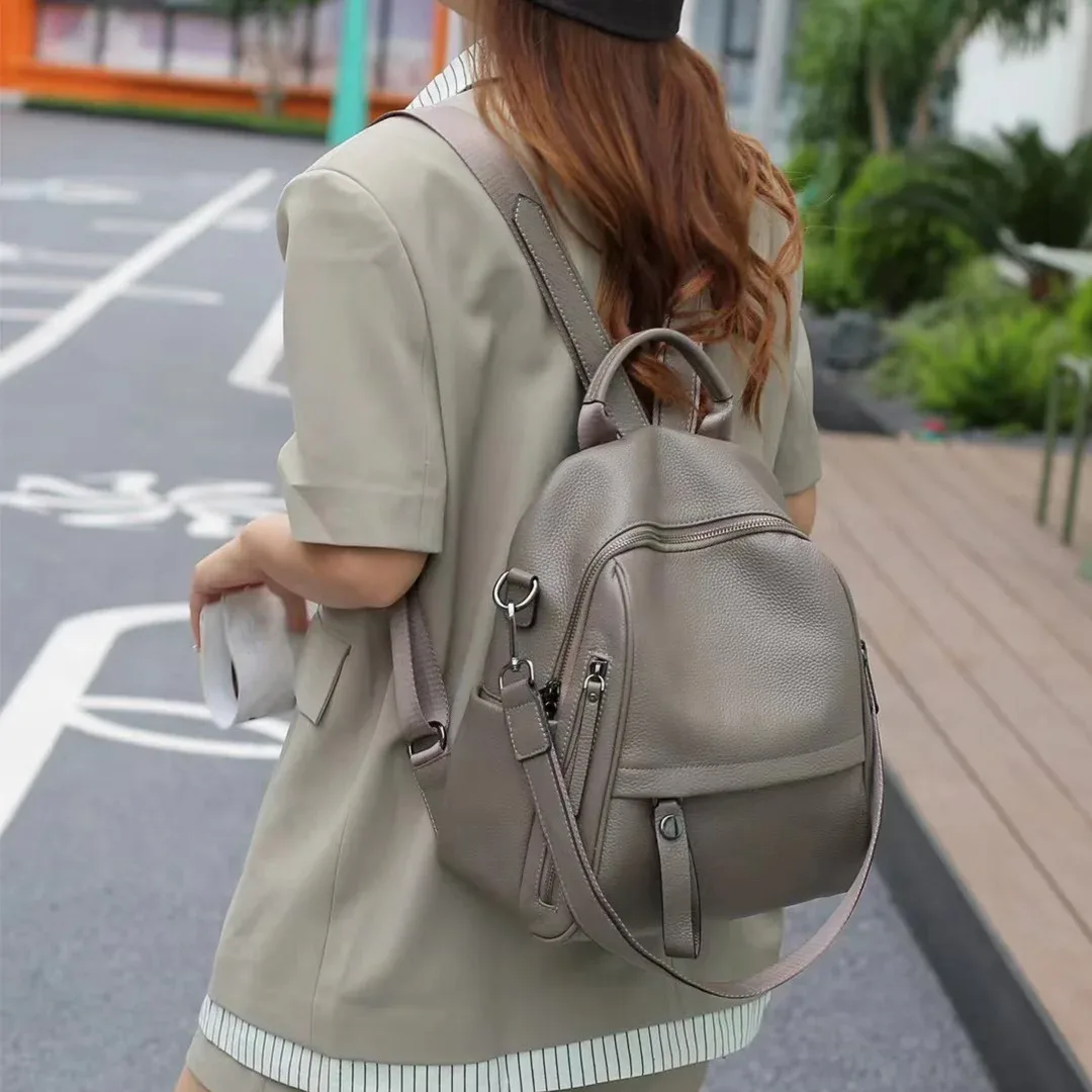 sac à dos en cuir véritable pour femme, sac à dos de voyage, grand sac à dos, peau de vache vintage, école universitaire, fille, café, décontracté, 03