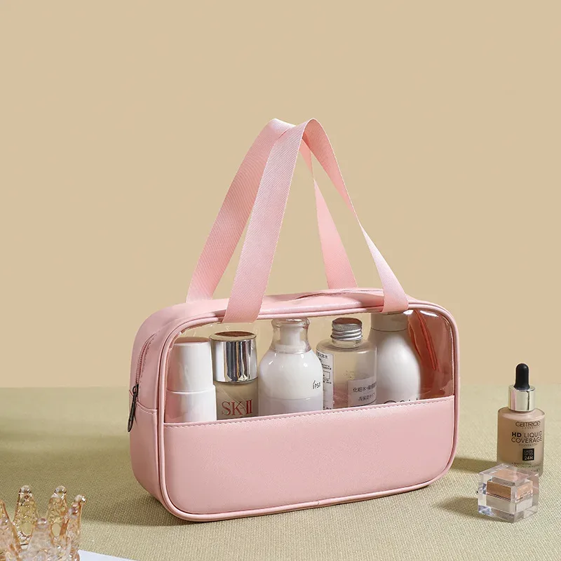 sac à cosmétiques personnalisé avec coutures brodées, sac de bain translucide en pvc de grande capacité, sac de rangement de voyage portable étanche en pu