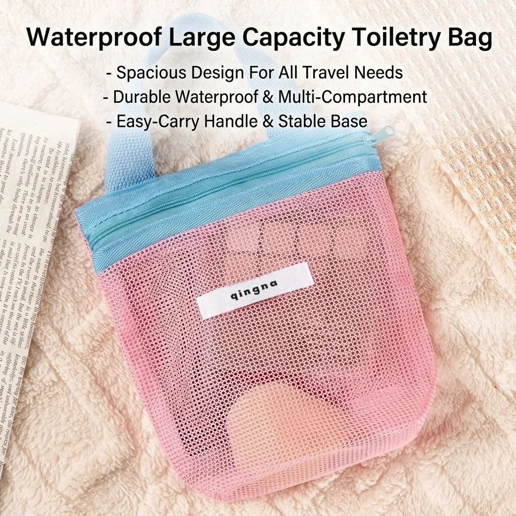 pochette de plage portable en maille transparente avec poignée, sac de voyage pour crème solaire, clés, câbles, organiseur de toilette