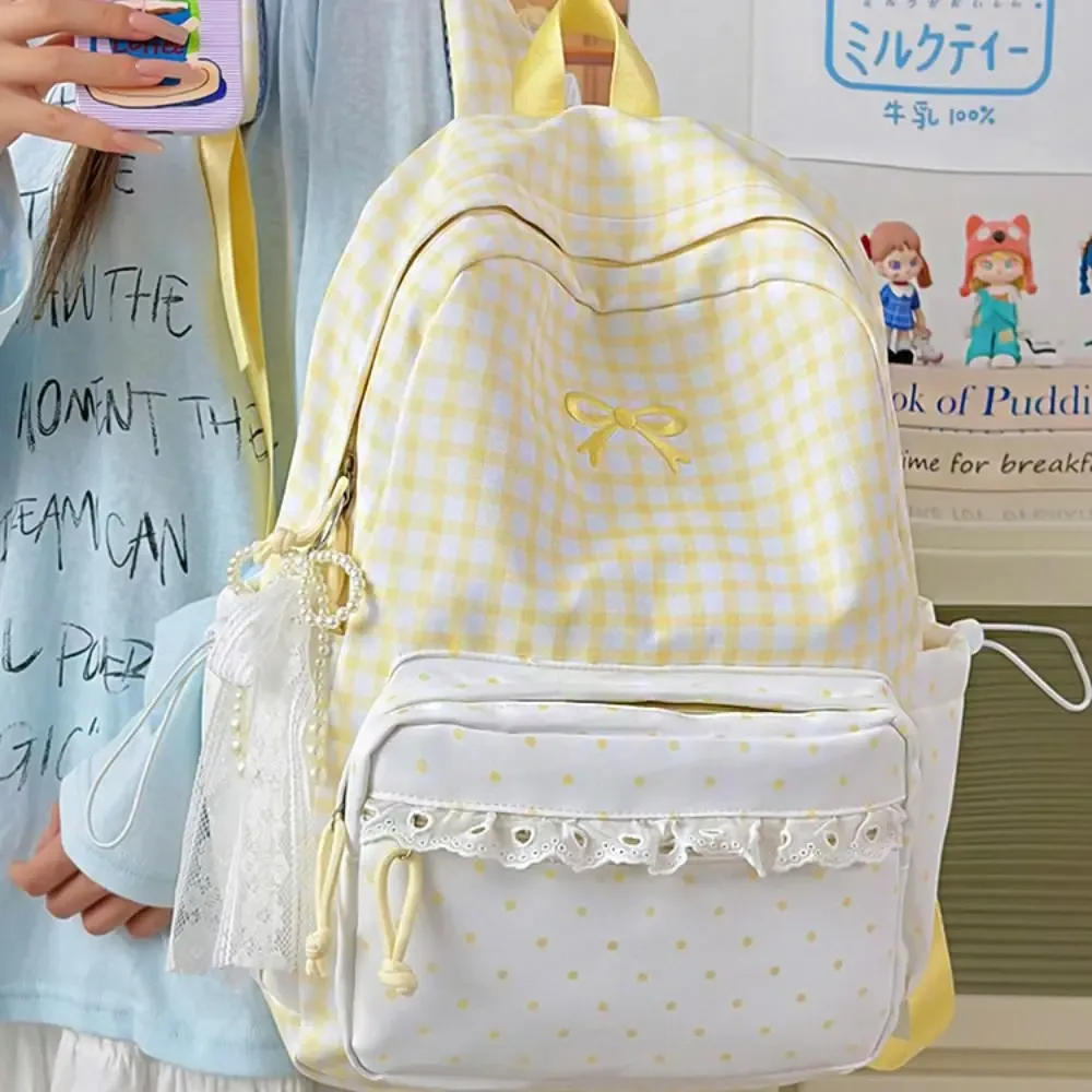 sac à dos tendance à pois, motif écossais, finition dentelle minimaliste, grande capacité, léger, pour étudiants, usage scolaire et voyage