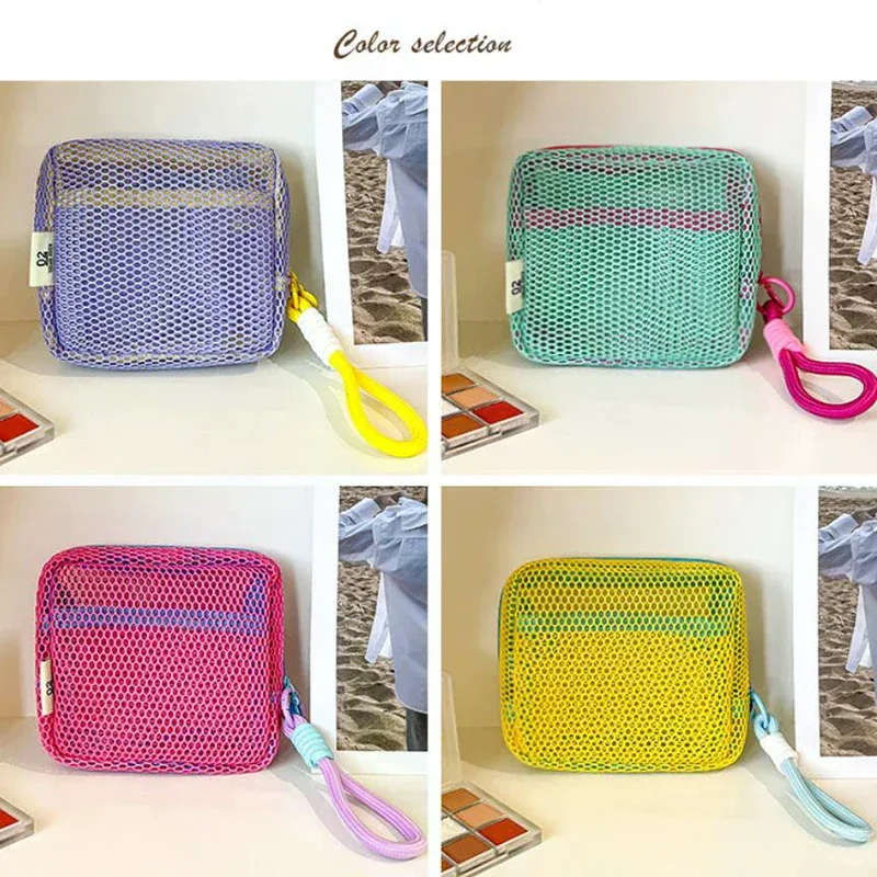 sac de rangement cosmétique carré portable avec fermeture éclair, sac cosmétique carré en maille, sac de rangement multi-usages pour articles divers