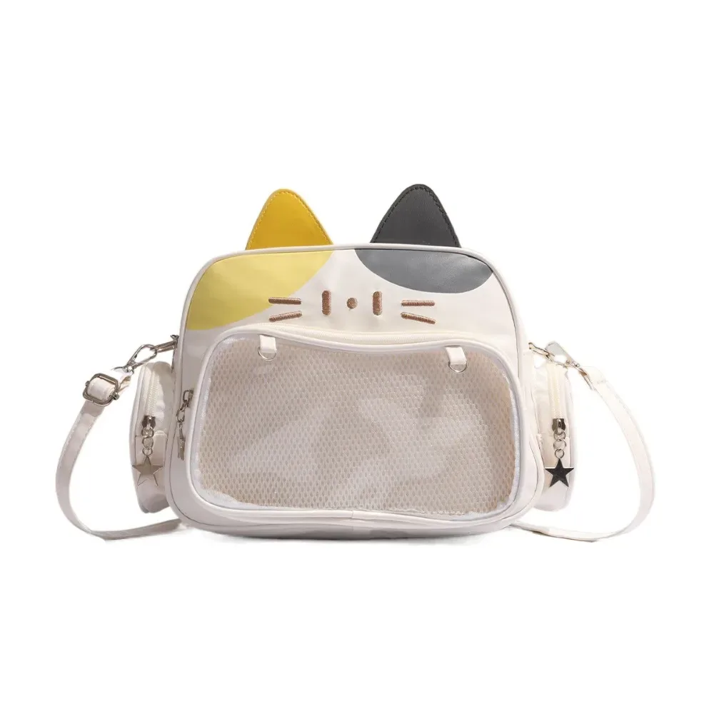 sac fourre-tout créatif en cuir pu avec poche transparente pour badges, style preppy, motif chat mignon, pour enfants