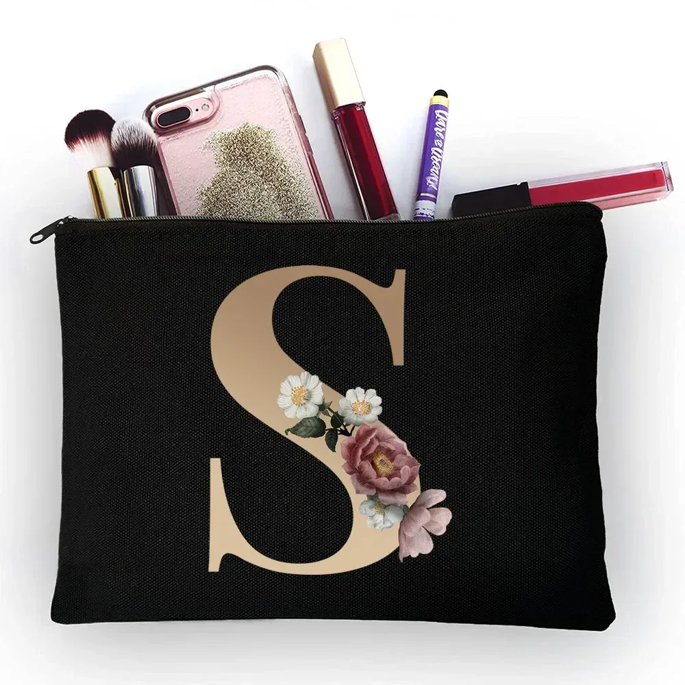 trousse de maquillage pour filles, sac de rangement classique à motif de lettres dorées, pochettes pour sacs de voyage, pochette à cosmétiques pour femmes