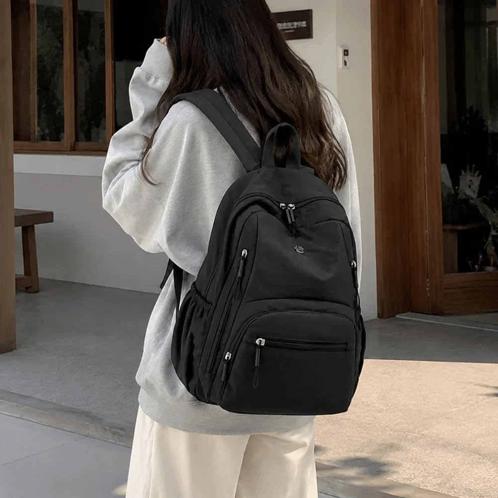 sac à dos scolaire en nylon grande capacité, imperméable, durable, léger, couleur unie, pour ordinateur portable, randonnée