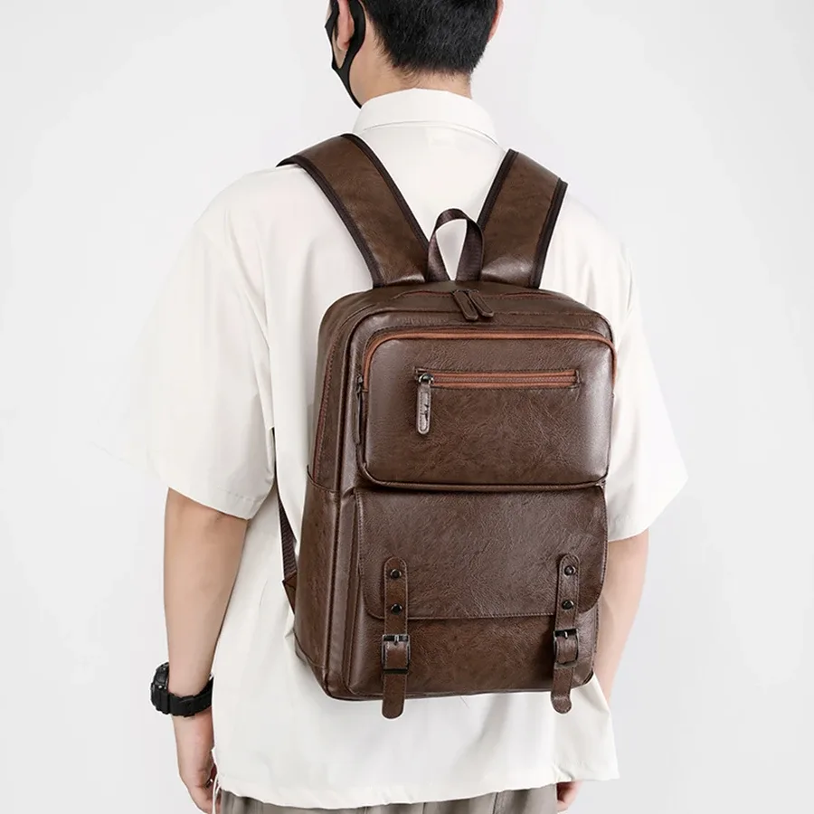 mode hommes sac à dos en cuir pu sac à dos grand ordinateur portable sacs à dos mâle mochilas noir cartable pour adolescents garçons marron sac a dos