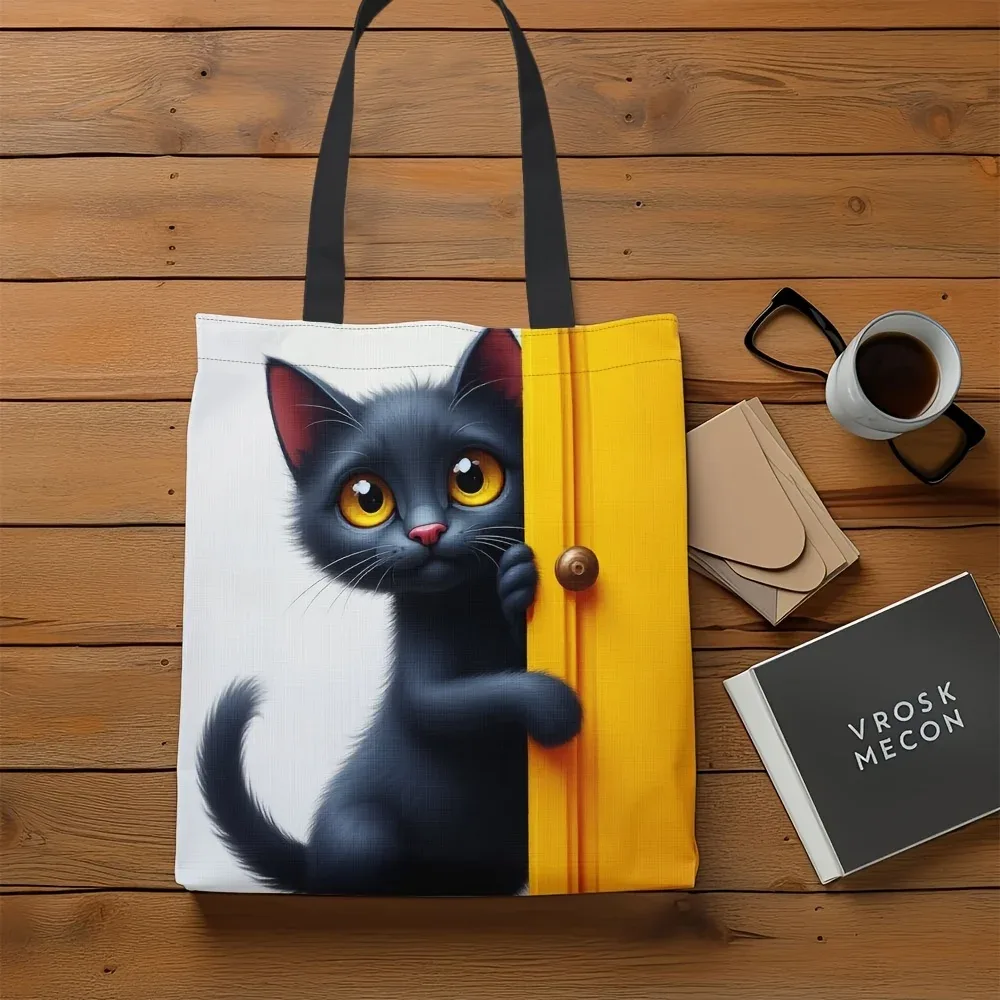 sac fourre-tout élégant imprimé chat noir, sac de shopping à bandoulière léger et pliable pour voyage scolaire, sac à main de rangement portable
