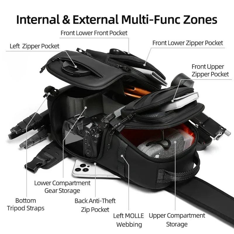 sac bandoulière pour appareil photo reflex numérique pour homme, sac de randonnée, sac messager, sac de voyage, sac de sport pour l'extérieur, sac de poitrine, peut être équipé d'un trépied