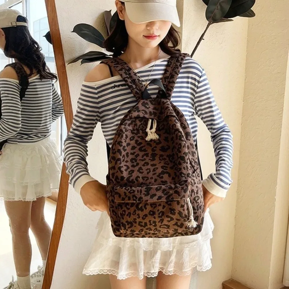 sac à dos léger en velours côtelé à imprimé léopard, style harajuku, pour étudiants, avec bretelles réglables, style coréen