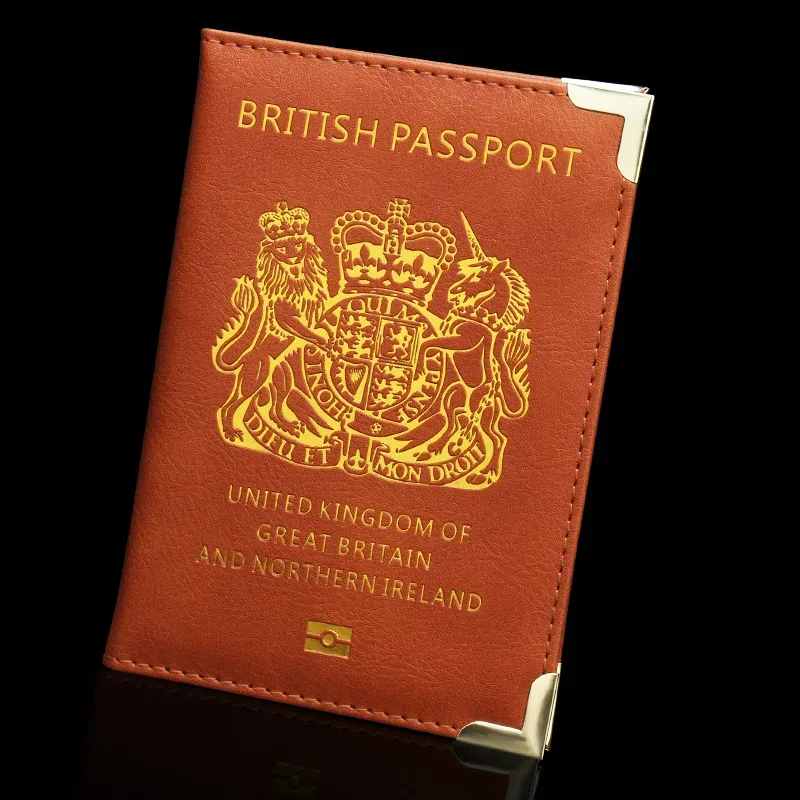 accessoires de voyage porte-passeport britannique avec pieds en cuivre, couverture de passeport en pu, portefeuilles d'angle en métal fin, porte-carte d'identité