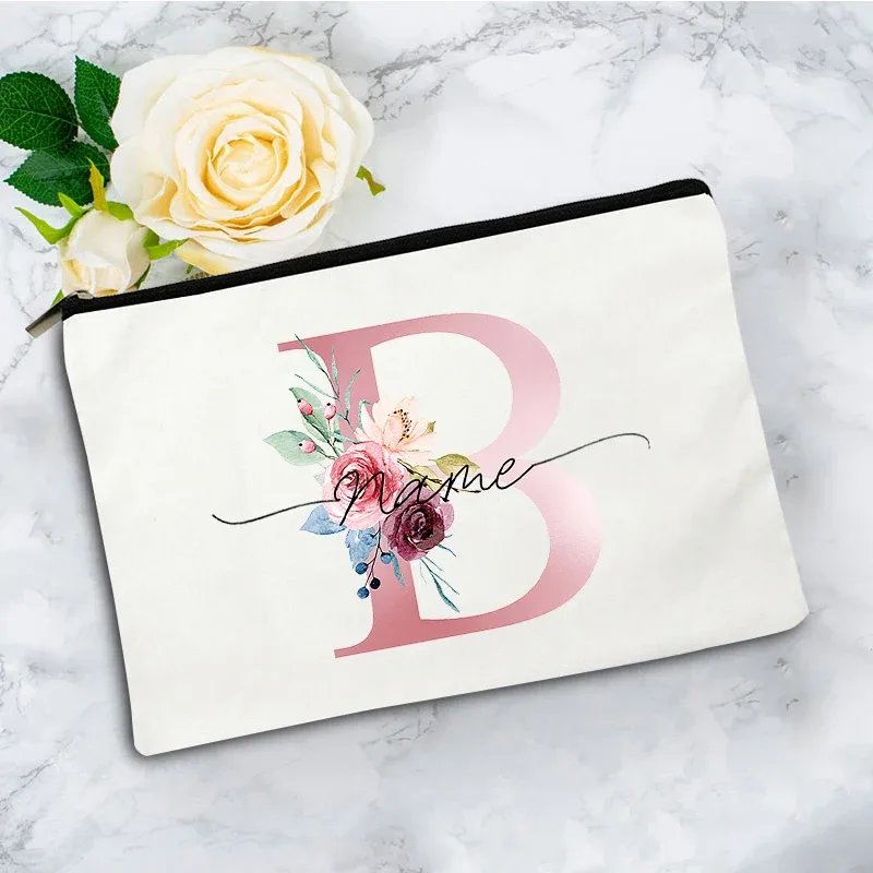 trousse de maquillage personnalisée rose à motifs floraux avec initiale, pochette cosmétique en toile personnalisée, organisateur de voyage pour articles de toilette pour femmes