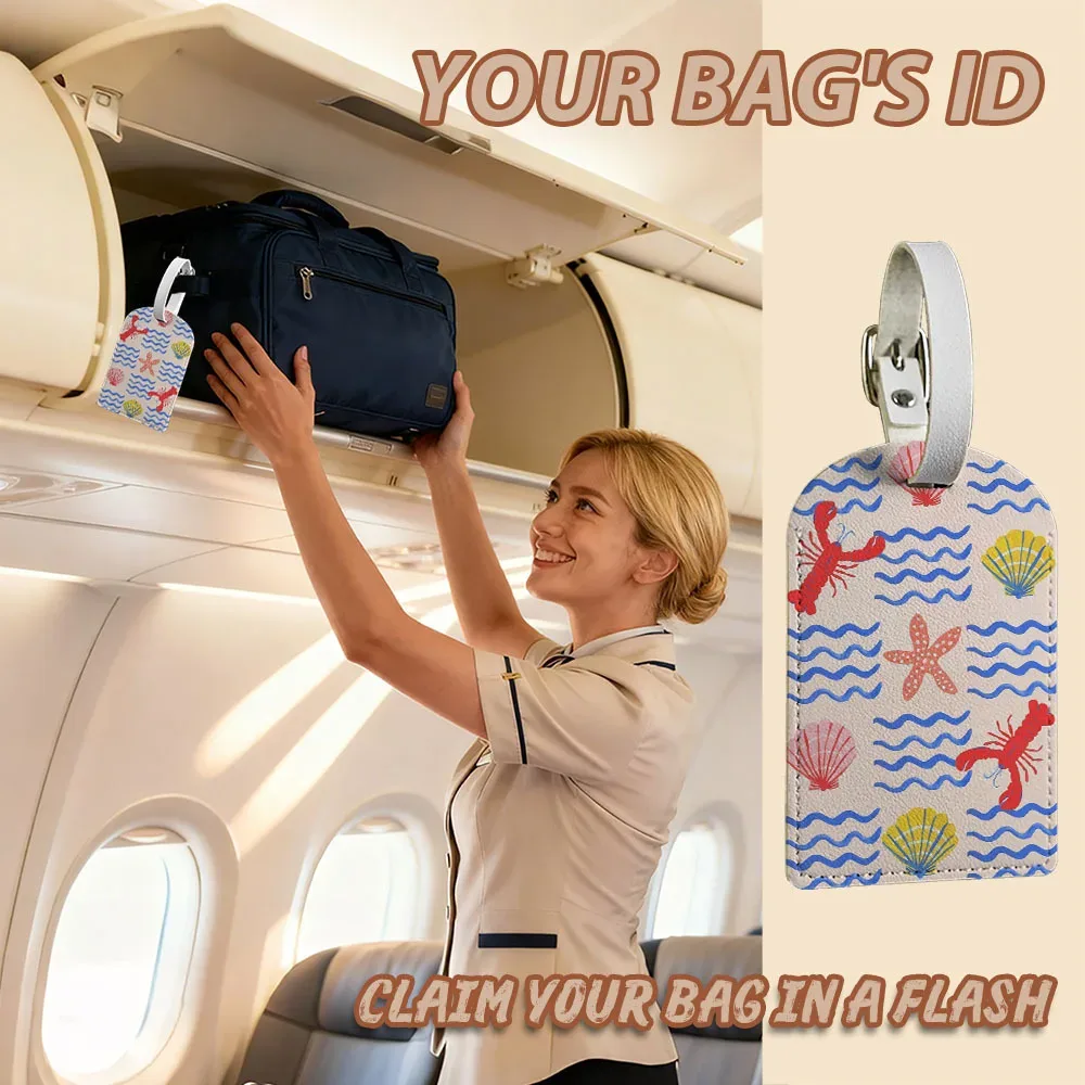 étiquette de bagage en pu motif coquille de homard et étoile de mer, style peint à la main, idéale pour valise, sac à dos, sac à main