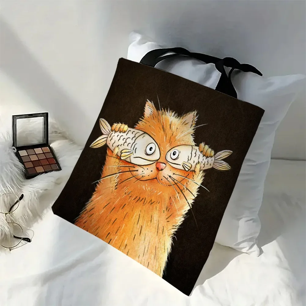 1pc fantaisiste dessin animé chats sac fourre-tout dessin animé poisson sacs à provisions pour dames cadeau eco pliable réutilisable sac à provisions sacs d'extérieur