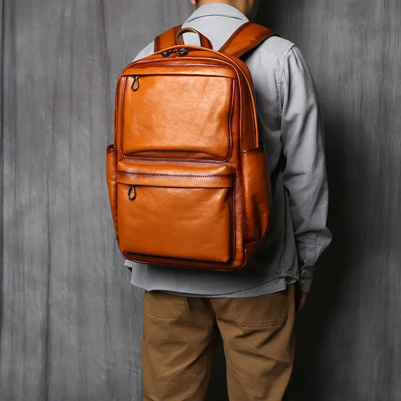 nzpj – sac à dos rétro en cuir véritable pour hommes, sacoche décontractée pour ordinateur avec couche supérieure en peau de vache, sac de voyage à la mode européenne et américaine