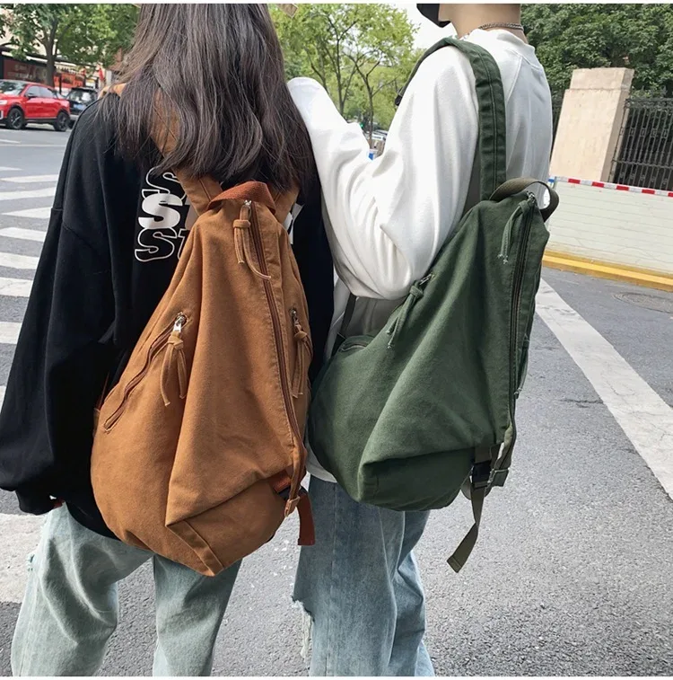 Sac Dos Toile Trapézoïdale Poches Latérales Beige Vert Olive Noir Voyage Étudiant Lycéen Unisexe