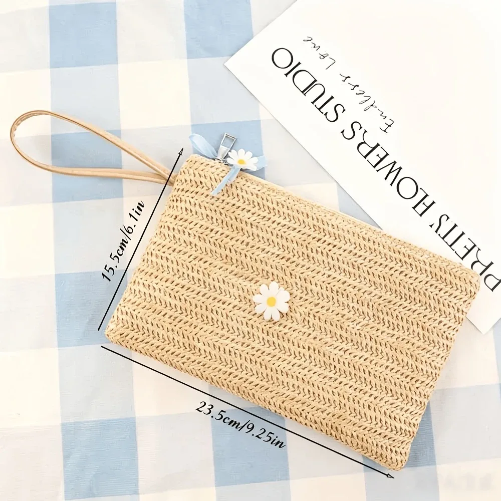 pochette à maquillage personnalisée en paille tressée, sac de rangement portable pour téléphone portable et petits accessoires divers, idéal pour une utilisation quotidienne en extérieur