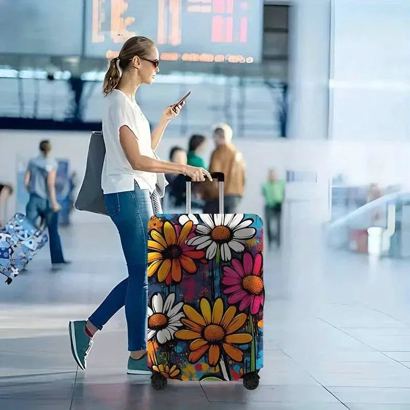 housse de bagage à motif marguerite – un accessoire de voyage anti-poussière et extensible, adapté aux valises de 18 à 32 pouces.