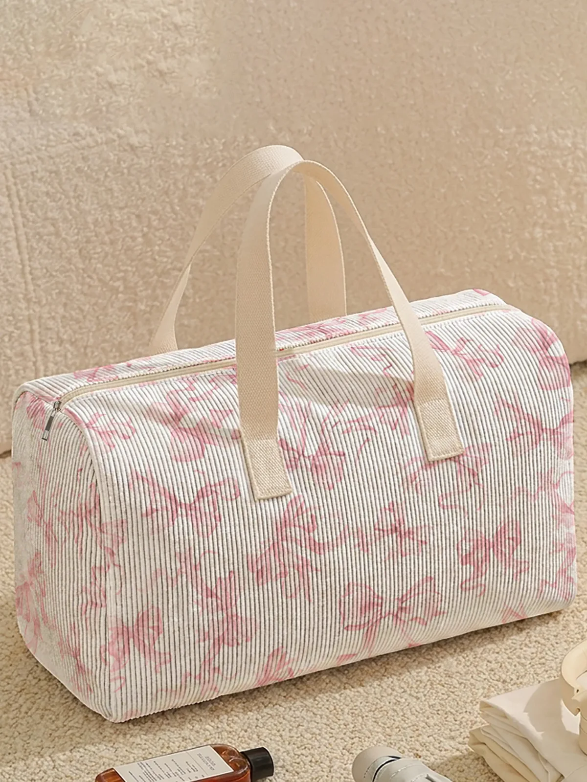 sac voyage polyester papillons roses rayures grises motif beige blanc transport week end sport