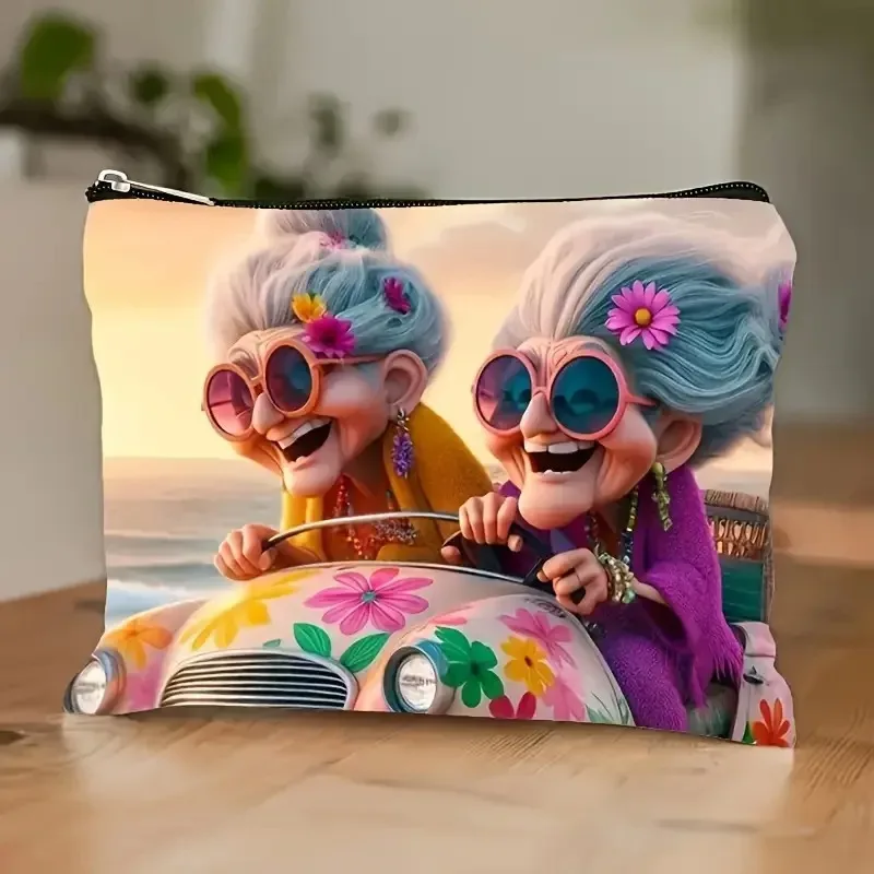 nouvelle trousse de maquillage en toile imprimée avec motif de femme âgée amusante, trousse à crayons pour étudiants, trousse de toilette portable, sacs de toilette, sacs en toile