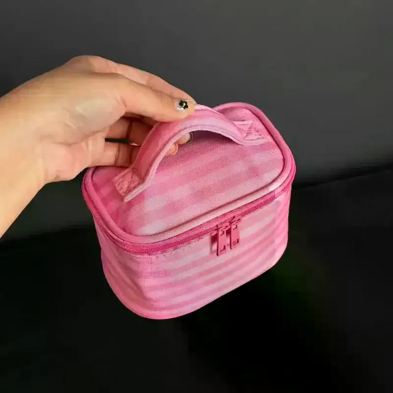 trousse de maquillage rose rayée avec miroir et fermeture éclair, sac de voyage portable pour femmes, organisateur cosmétique mignon et adorable, pochette de toilette