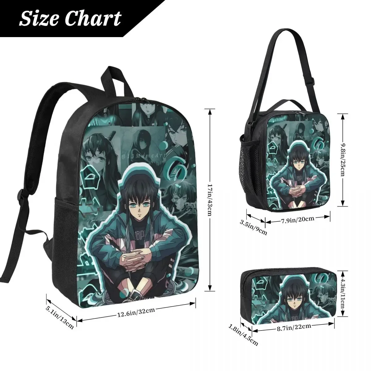 muichiro tokito sac à dos étudiant garçons filles bookbag sac d'école ordinateur portable sacs à bandoulière 3ps sac à déjeuner isolé trousse à crayons