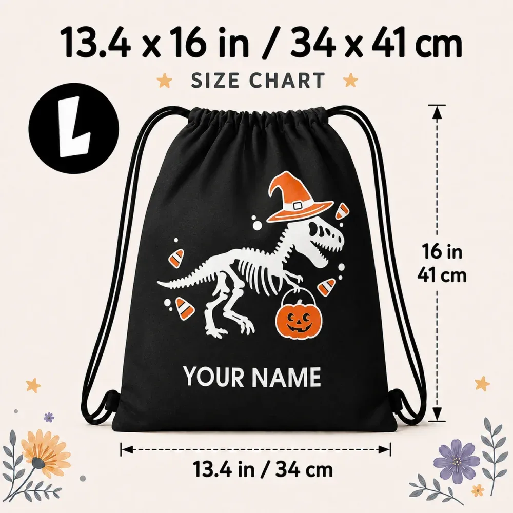 sac à dos personnalisé avec cordon de serrage, motif squelette de dinosaure, chapeau de sorcière citrouille d'halloween, pour enfants, 34x41cm