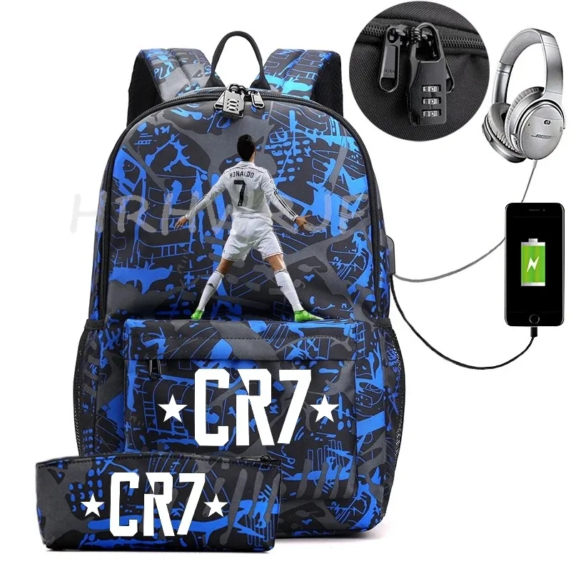 sac à dos usb cr7 pour femmes et hommes, sac à dos de voyage décontracté anti-vol, sacs d'école pour adolescents avec capacité pour ordinateur portable, avec trousse à crayons, 2 pièces
