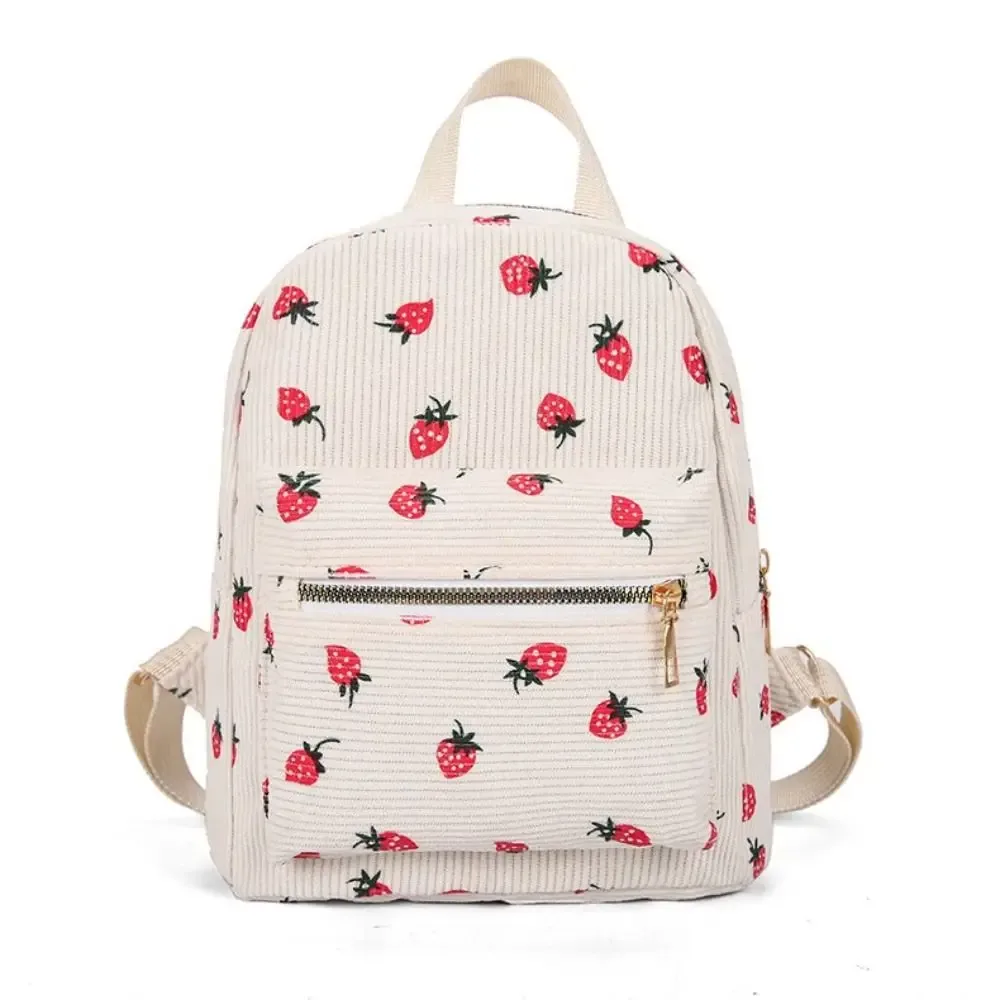 sac à dos fraise en velours côtelé, multi-poches, sangle réglable, sac à dos de voyage, grande capacité, motif fraise, sac à dos quotidien