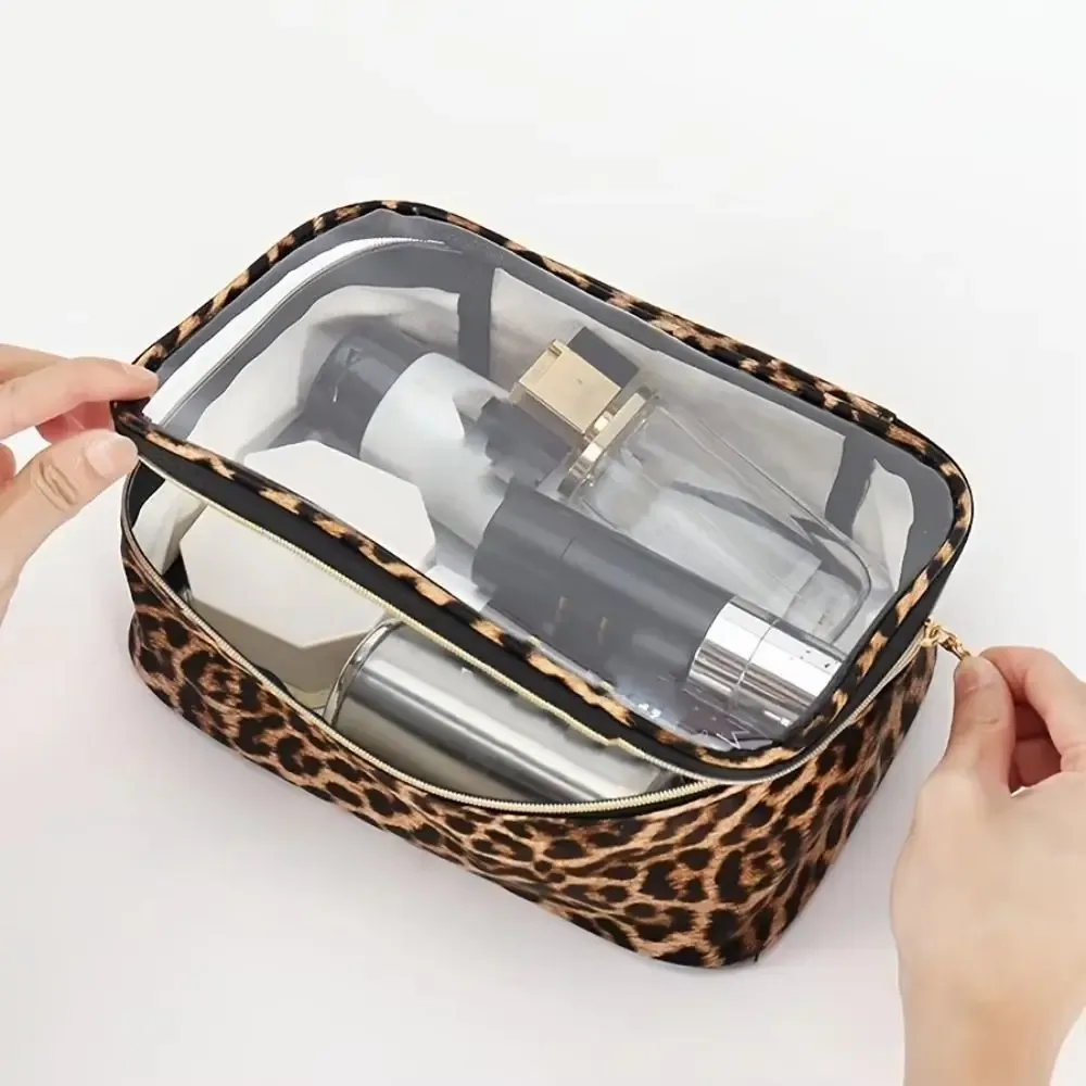 sac de maquillage imprimé léopard, sac à cosmétiques de voyage transparent et étanche avec fermeture éclair, sac de rangement de grande capacité