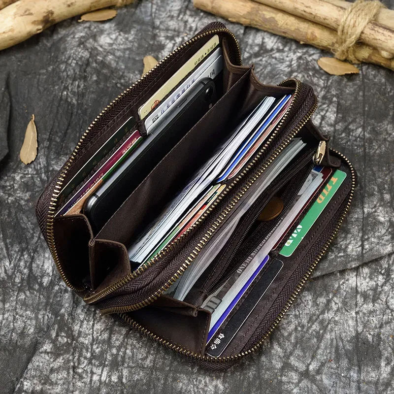 luufan-long sac à main en cuir de cheval vintage pour hommes et femmes, portefeuilles à double fermeture éclair pour carte de crédit, pochette pour homme