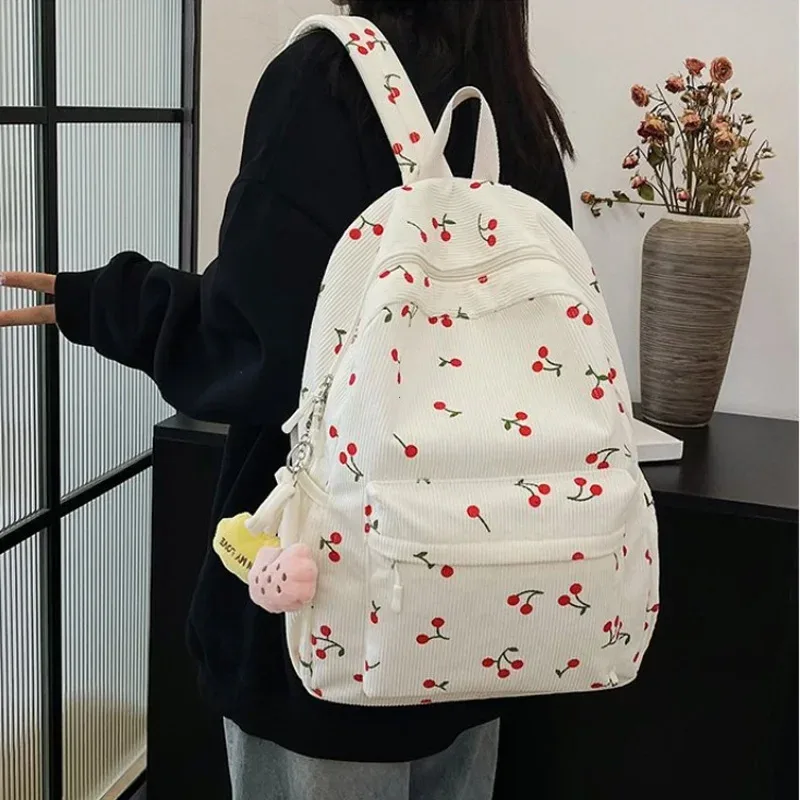 sac à dos en velours côtelé motif cerise pour femmes, sac de jour de voyage, sangle réglable, sac à dos pour ordinateur portable, fermeture éclair pour le travail, le shopping, l'école