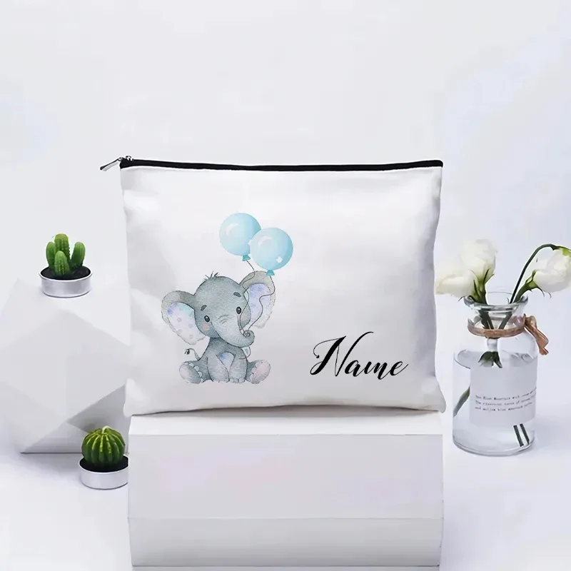 vente flash : grande trousse à maquillage en toile avec motif d'éléphant mignon, essentiels de voyage pour anniversaire d'enfants, trousse de maquillage avec nom personnalisé
