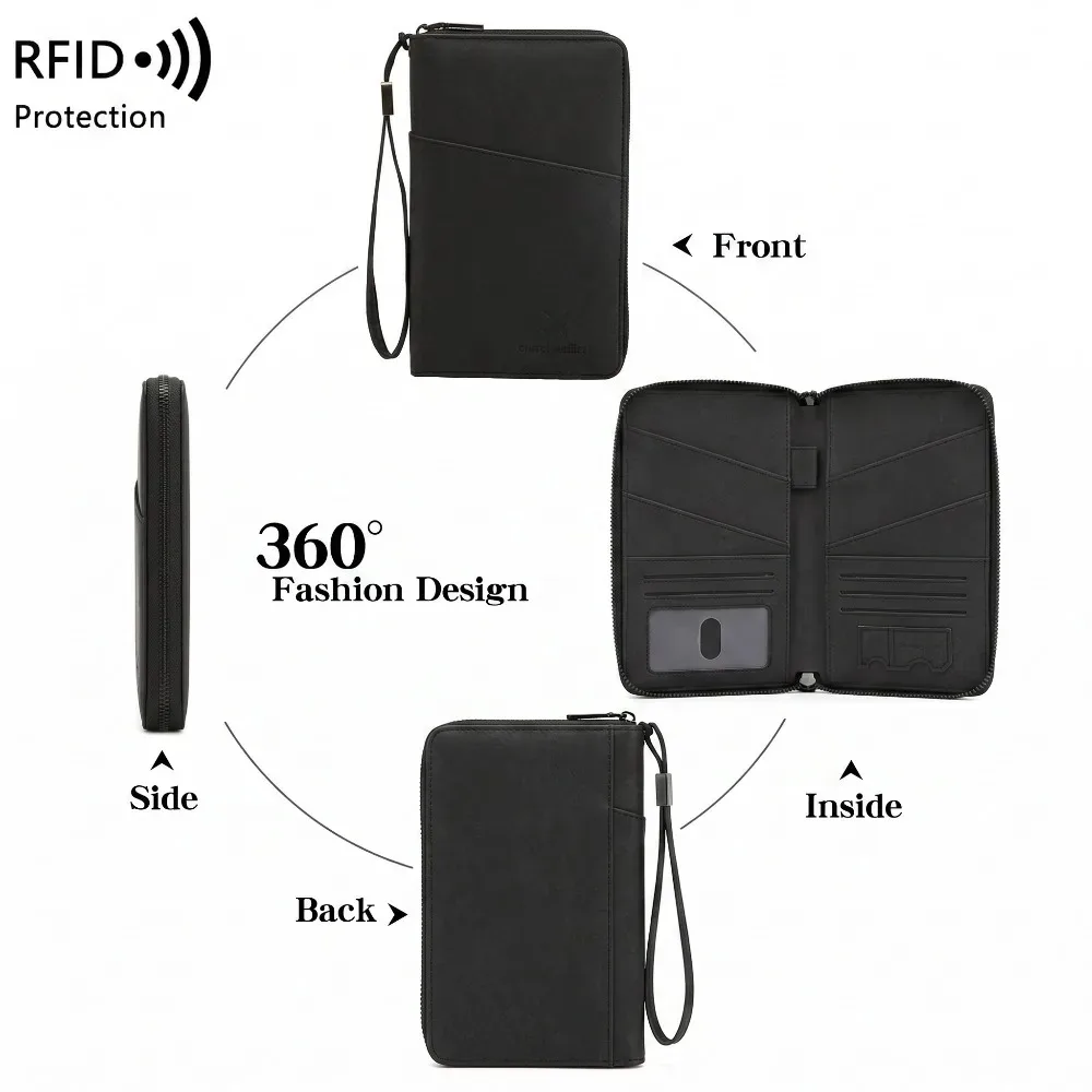 portefeuille de voyage en cuir anti-rfid pour passeports familiaux avec dragonne, emplacement pour stylo, organiseur de cartes, billets et documents – essentiels de voyage