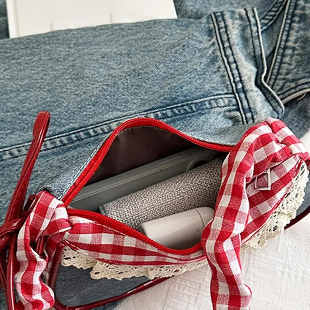 sac à main femme fashion grid avec ruban en dentelle, bandoulière extensible, sac à bandoulière simple ou sous le bras, idéal pour les trajets quotidiens et les étudiants