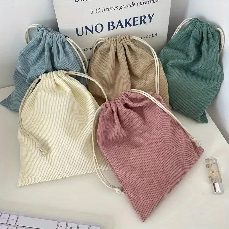 Ensemble de sacs de rangement à cordon de serrage en velours côtelé – Pochettes de maquillage portables légères de couleur unie avec grand, moyen
