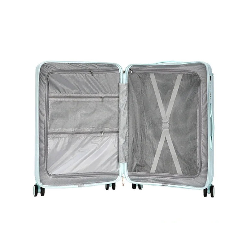 valise pc roulettes toupie poignée support tasse couleur blanche noire bleu pastel format voyage moderne design bandes verticales