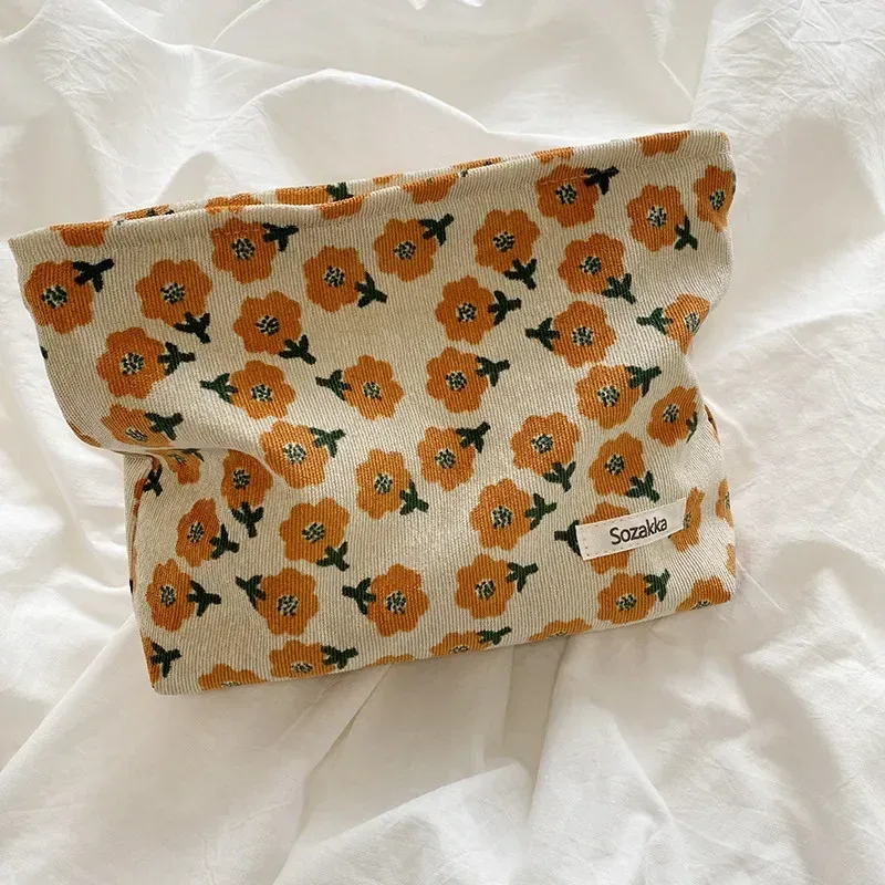 sacs de maquillage en velours côtelé pour femmes, sac à cosmétiques imprimé floral, trousse à crayons, trousse de toilette de voyage, sac de rangement, organisateur, trousse de beauté