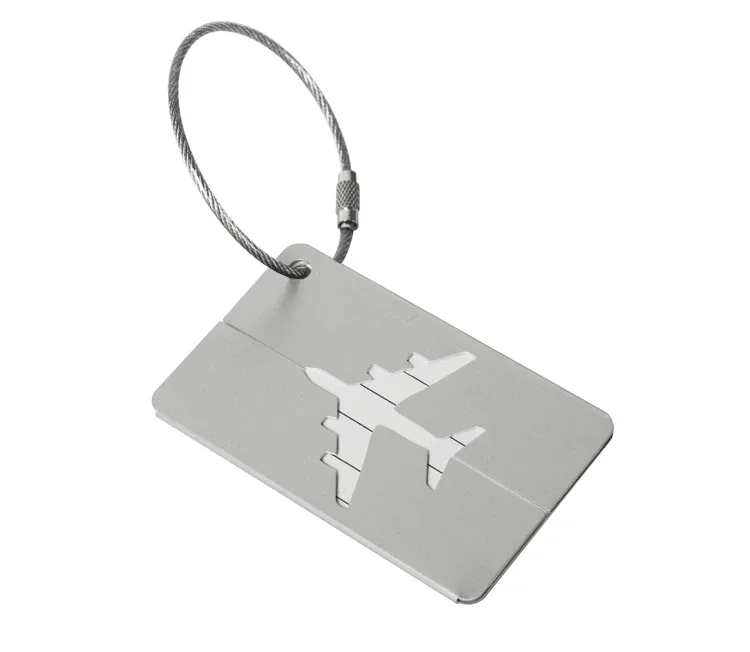 étiquette bagage métallique aluminium transparente motif avion relief voyage accessoire identité bagage fixation anneau