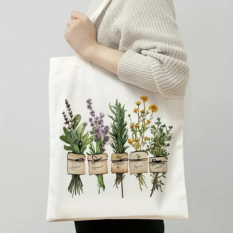sac fourre-tout en toile beige à motifs floraux, imprimé botanique lavande et camomille, grand sac à bandoulière pour les amateurs de jardinage et de plage