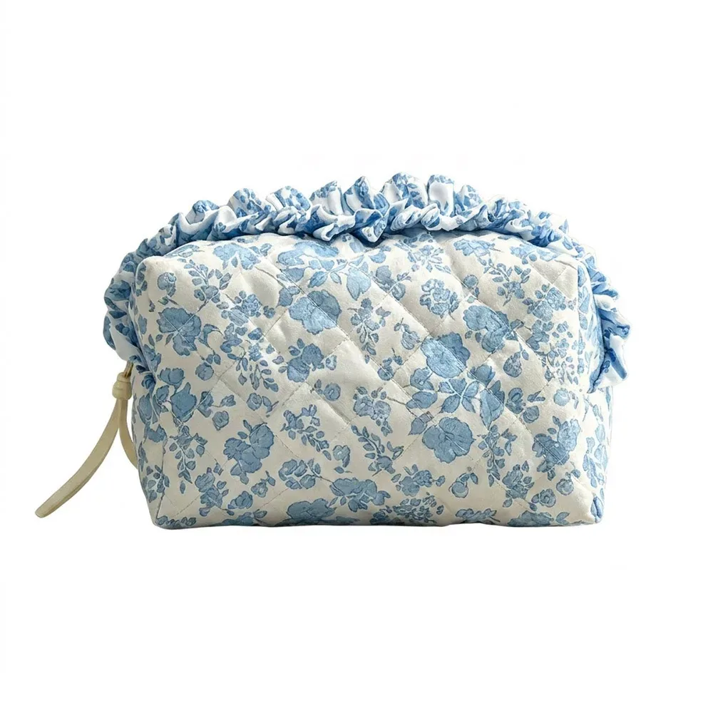 1 pièce trousse de maquillage matelassée mignonne à motif floral et nœud, grande capacité, pour femmes et filles