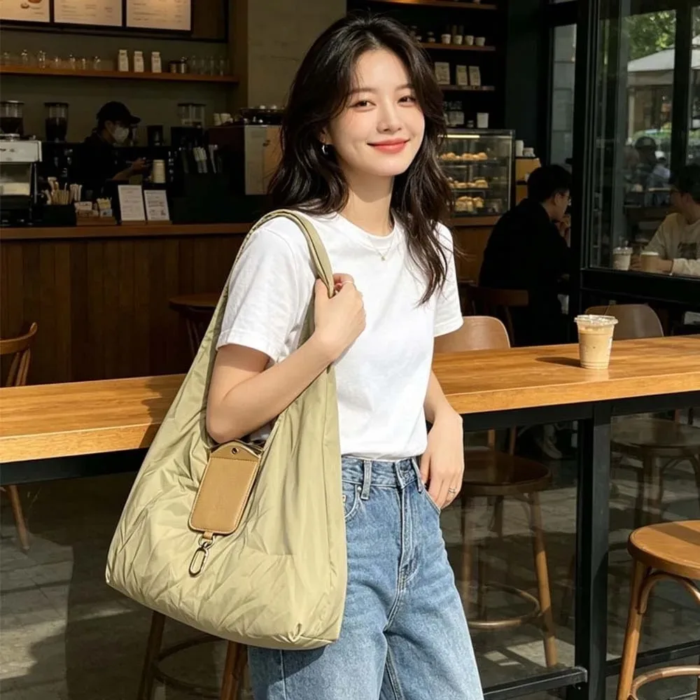 sac fourre-tout mini pliable anti-déchirure en similicuir couleur unie avec porte-clés, grande capacité, pochette 2-en-1 pour sac et breloque