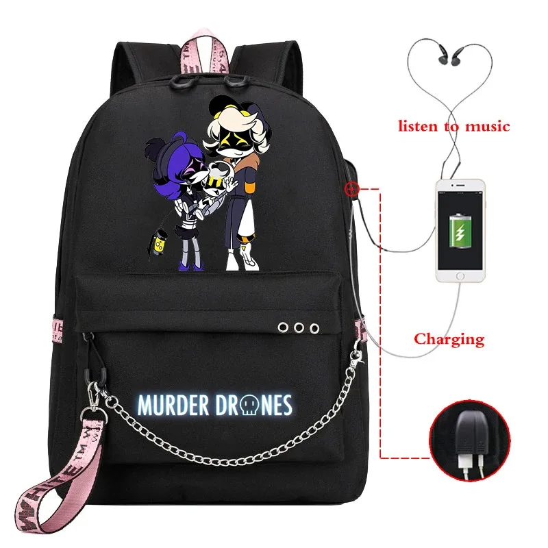 sac dos toile dessin animé personnages colorés logo murder drones chaîne métallique câble usb voyage capacité 20 35 litres