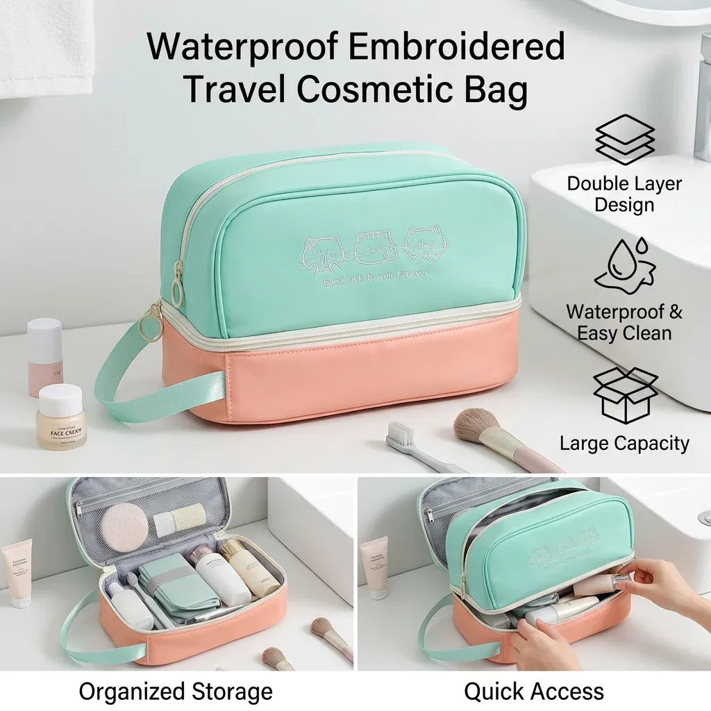 trousse de maquillage imperméable grande capacité double couche avec broderie chat pour voyage, articles de toilette, cadeau pour dortoir