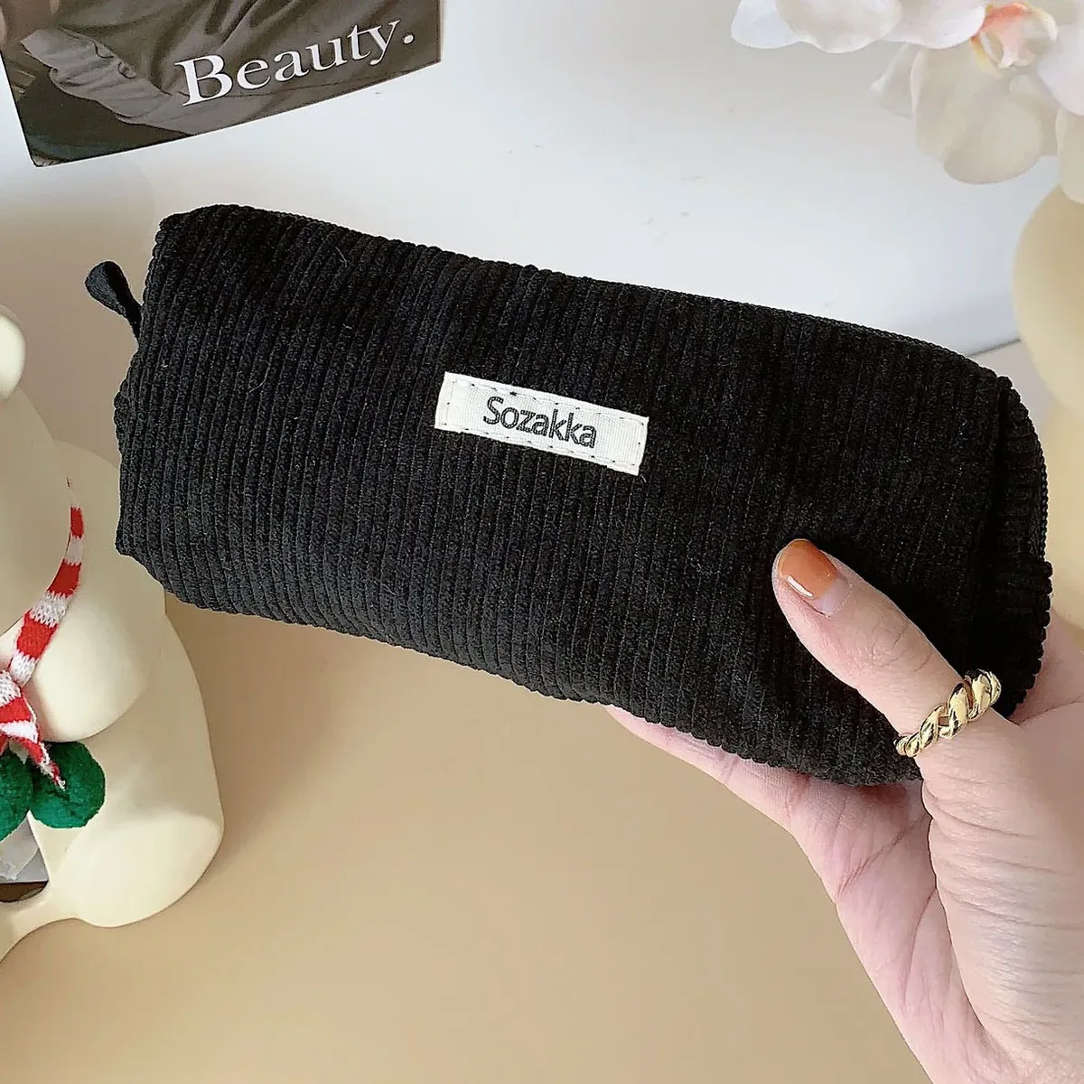 grand sac à cosmétiques en tissu velours côtelé pour femmes, pochette de maquillage pour filles, sac de voyage à main, étuis de rangement de rouge à lèvres, pochette à fermeture éclair pour téléphone