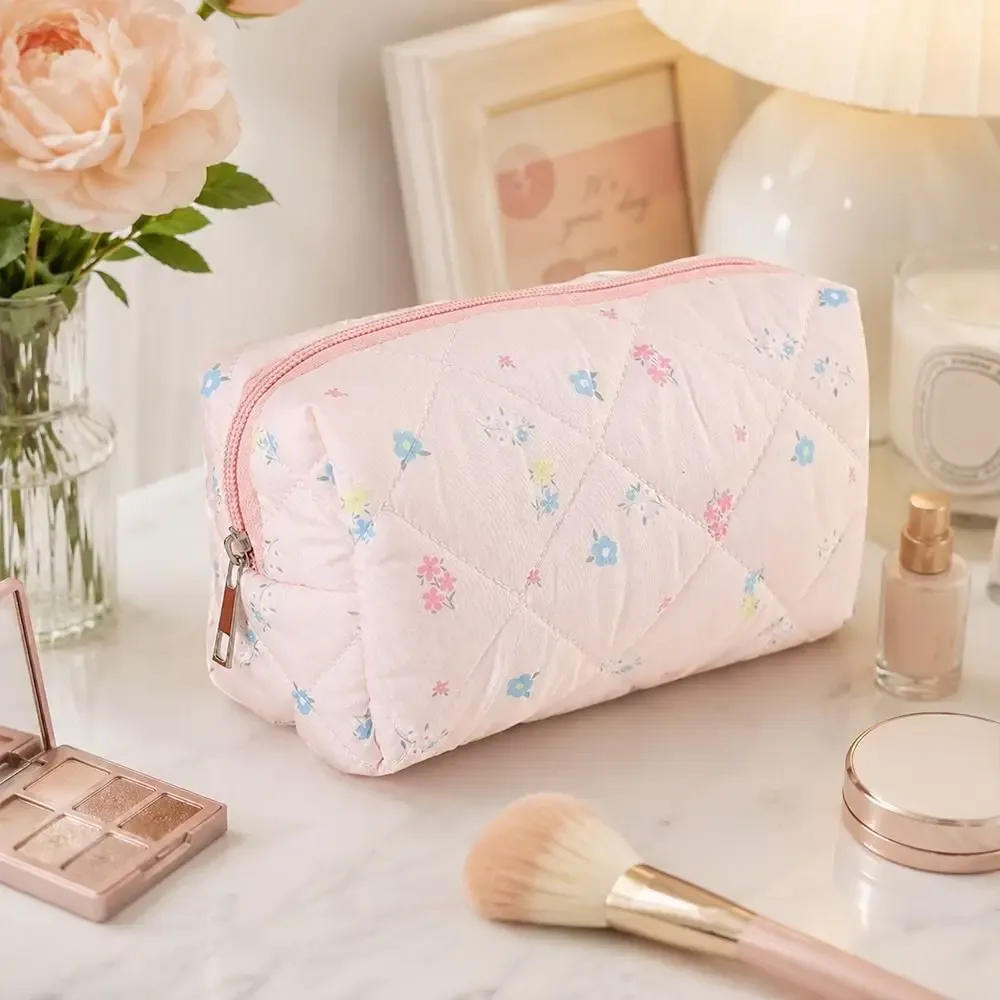 sac de maquillage en coton doux et durable, imprimé floral matelassé, grande capacité, trousse de toilette, organisateur de maquillage pour femmes et filles