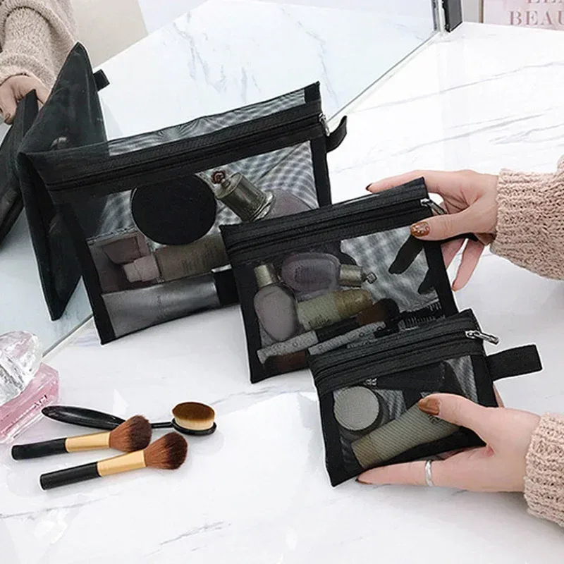 sac à cosmétiques en maille pour femmes, rangement de voyage, sac de maquillage, organisateur, pochette de maquillage portable, petite et grande trousse de toilette et de beauté