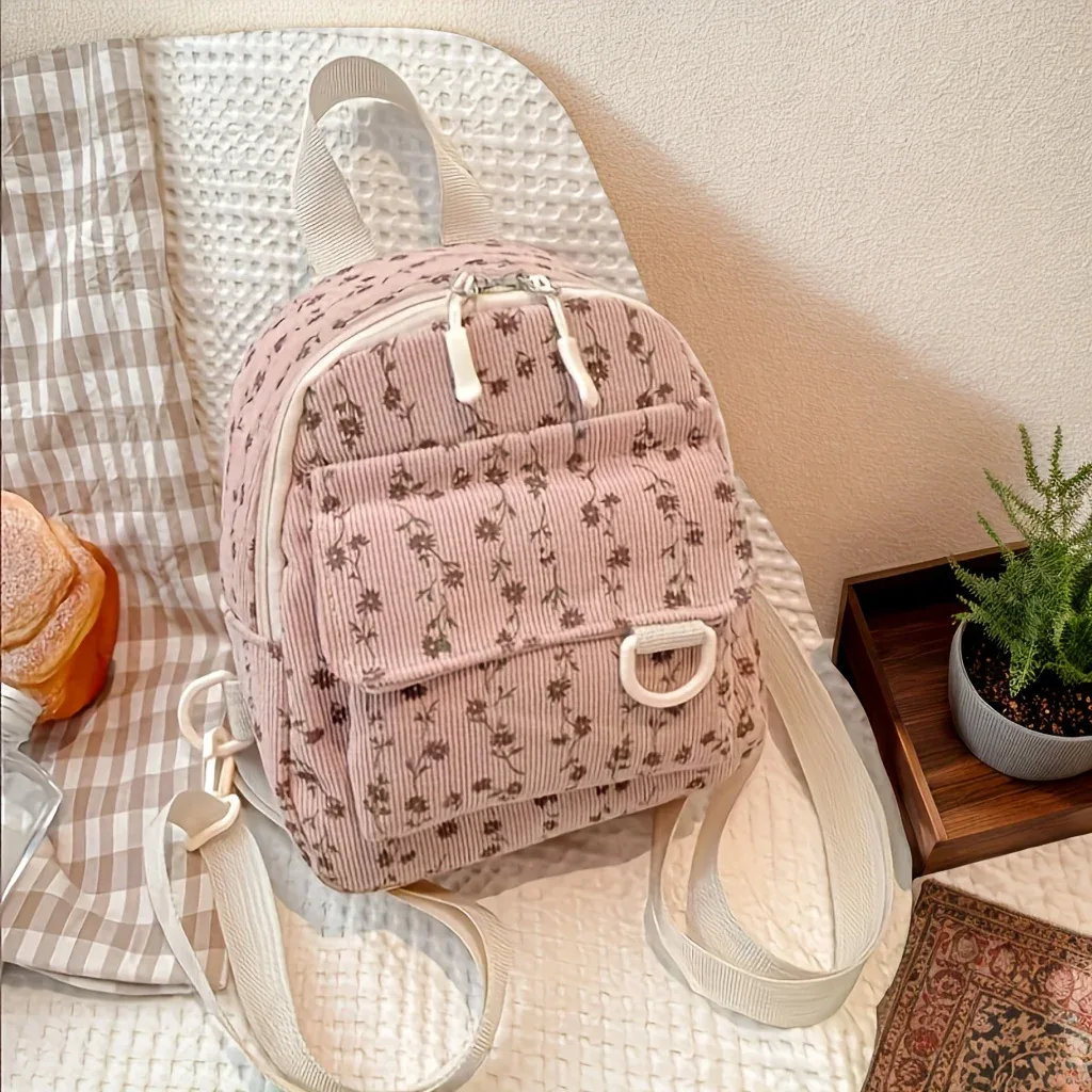 mini sac à dos pour femme avec motif floral marron et ruban en satin couleur café, bretelles réglables et fermeture à glissière – sac à main léger en polyester, adapté aux voyages