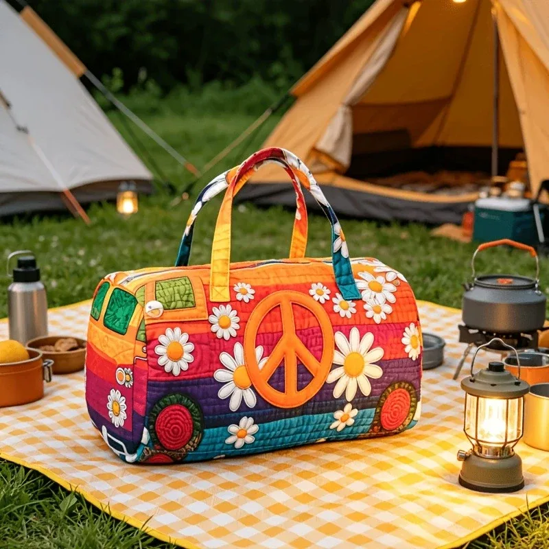 sac voyage polyester fleurs blancs symboles paix texturé poignées tissu sacoche hippie motifs colorés week end polyvalent
