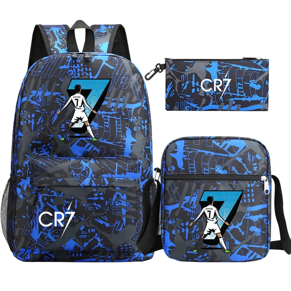 football star cr7 3 pièces garçon fille retour à l'école livre sacs, étudiant sac à bandoulière porte-crayon sac à dos, adolescents mochila hommes femmes